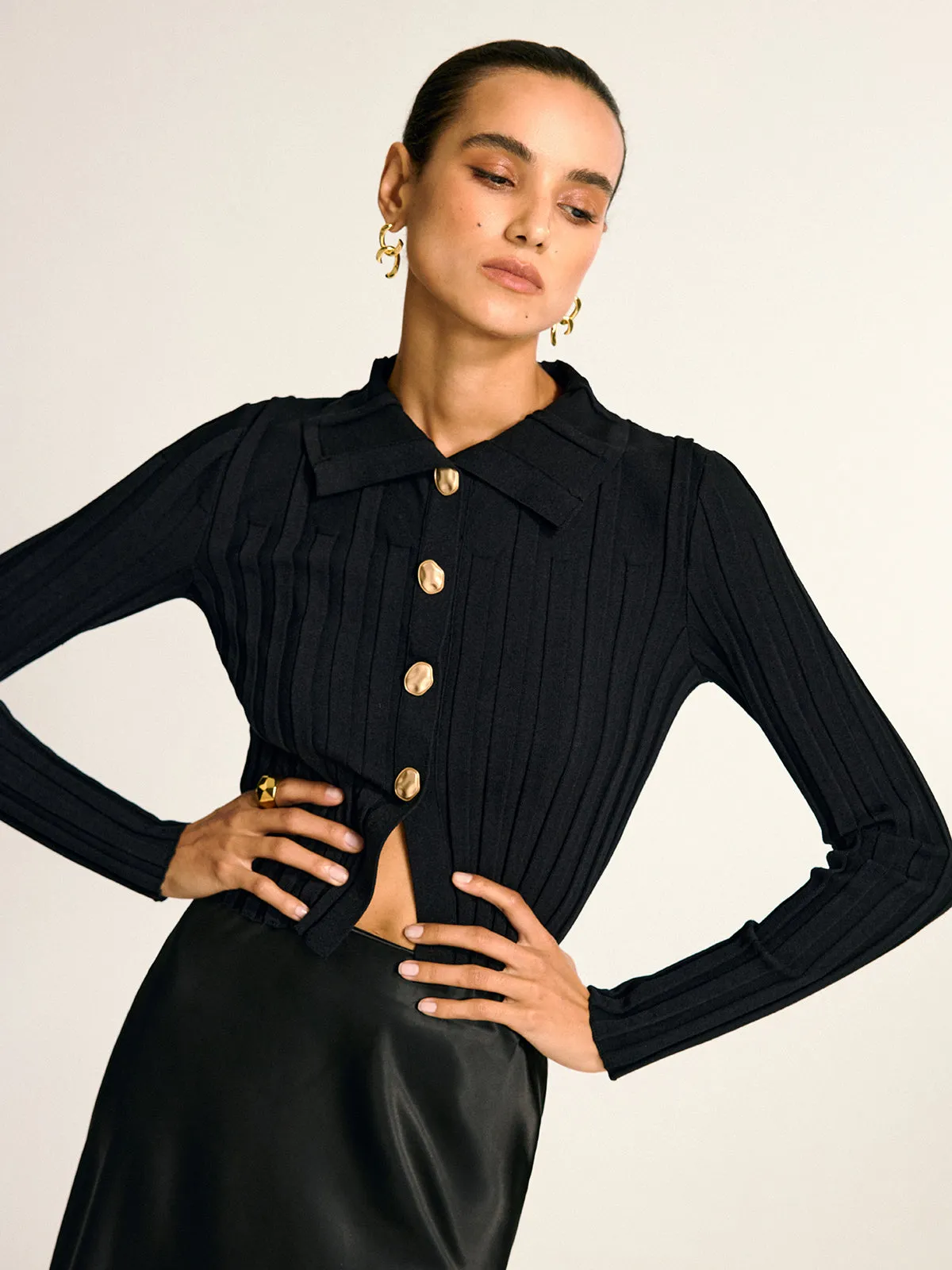 Metal Button Fitted Collared Knit Top sold by COMMENSE product image thumbnail 2