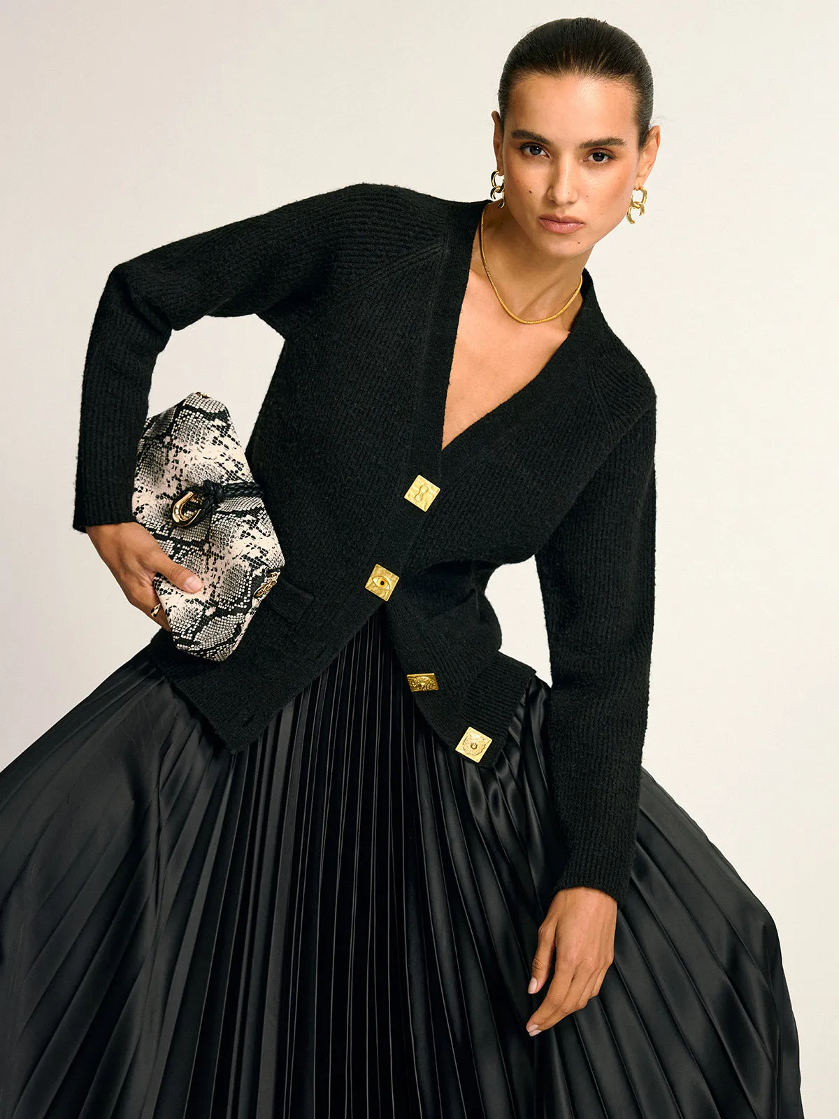 Metal Button V-Neck Wool Blend Cardigan sold by COMMENSE