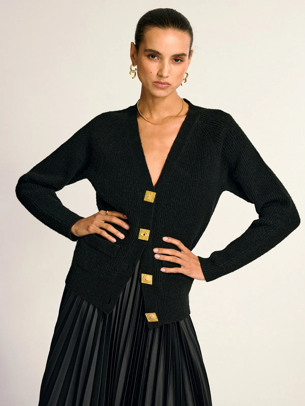 Metal Button V-Neck Wool Blend Cardigan sold by COMMENSE product image thumbnail 2