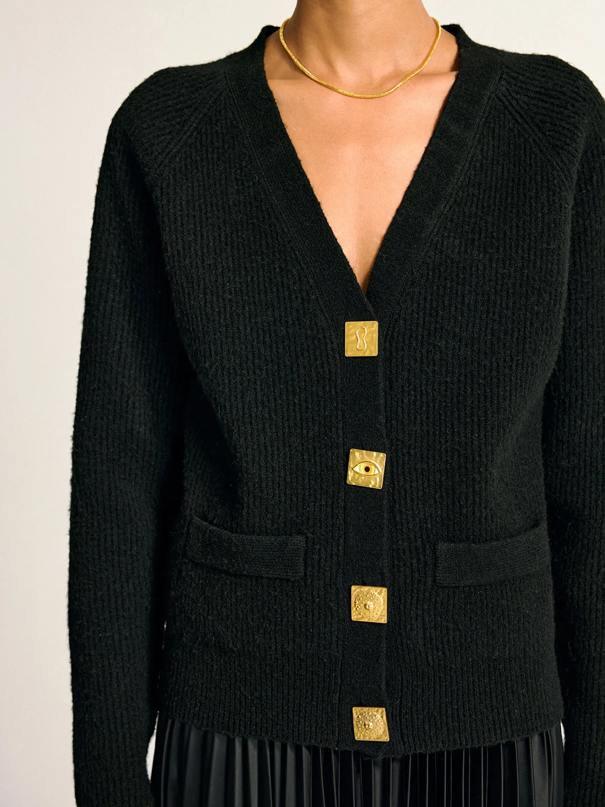Metal Button V-Neck Wool Blend Cardigan sold by COMMENSE product image thumbnail 3