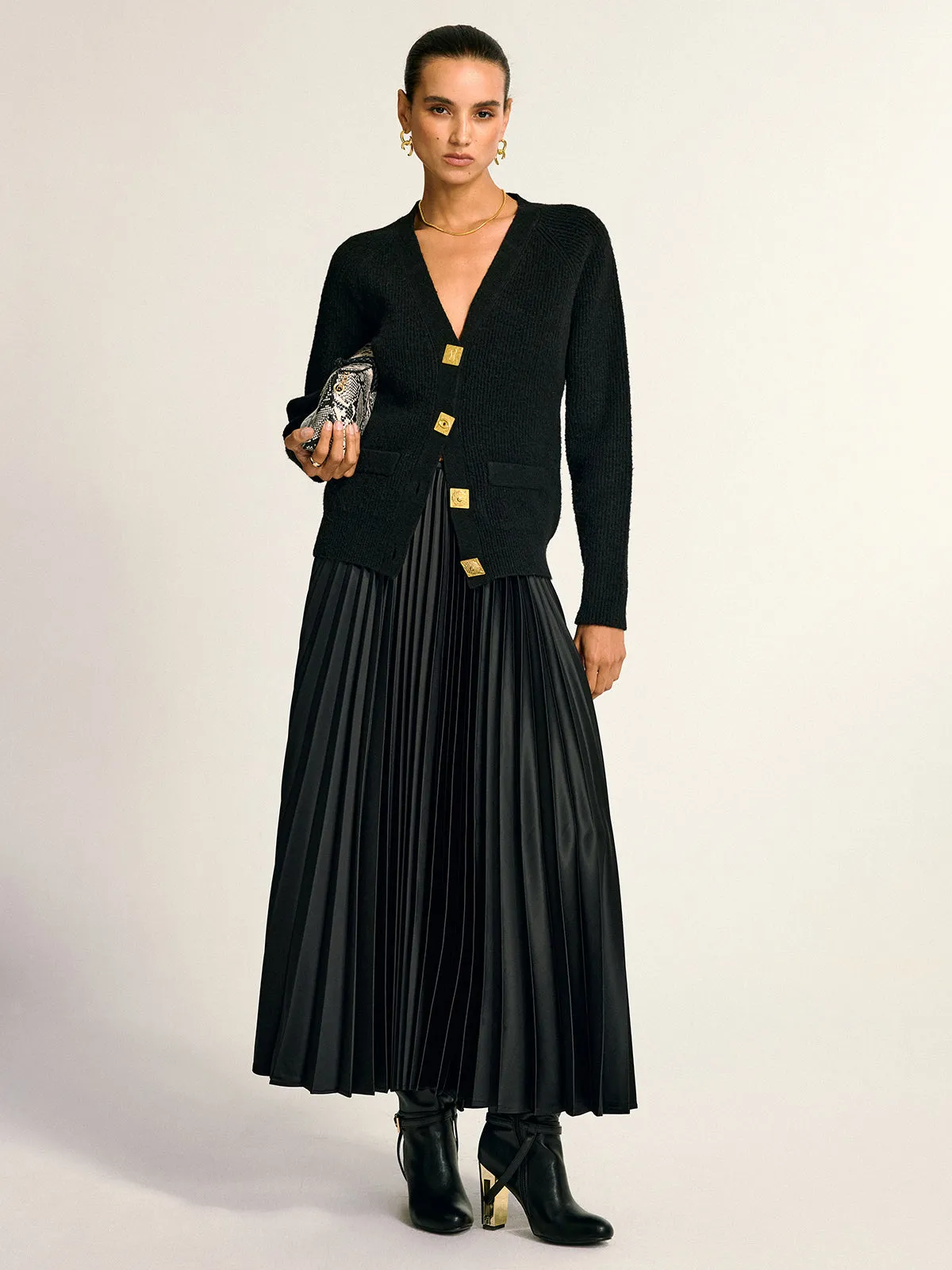 Metal Button V-Neck Wool Blend Cardigan sold by COMMENSE product image thumbnail 5