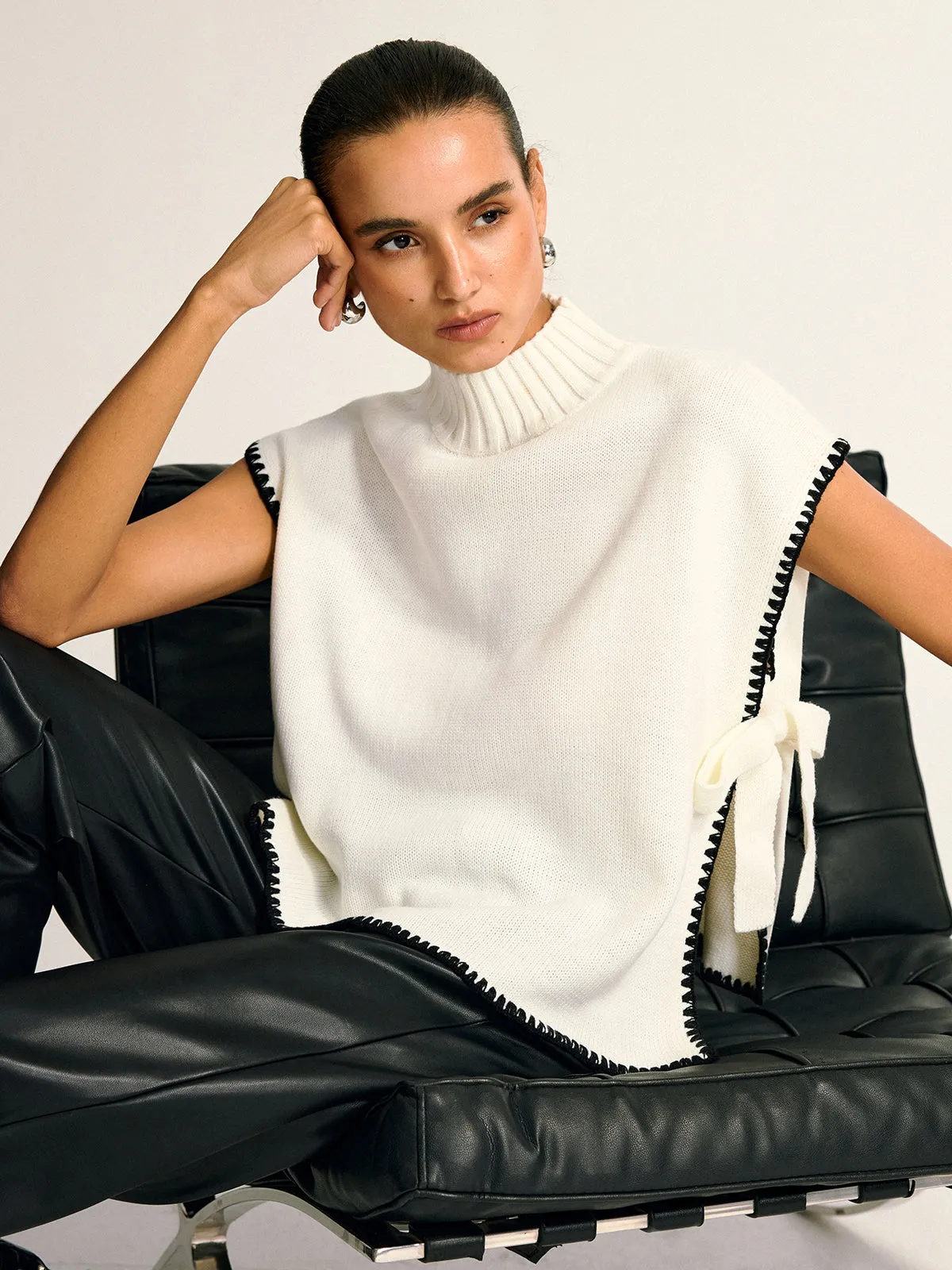 Contrast Trim Side Bow Mock Neck Sweater Vest sold by COMMENSE