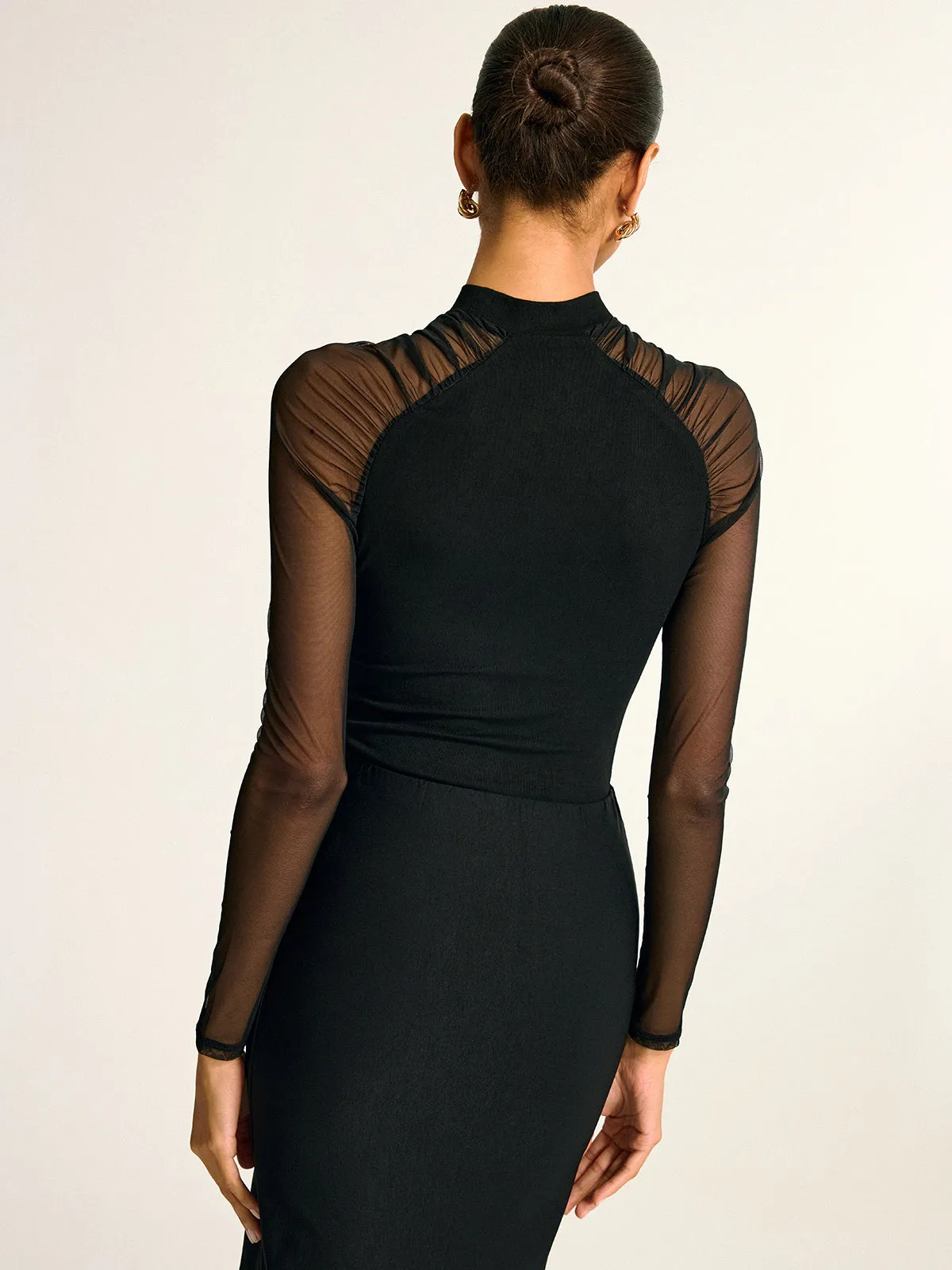 Stand Collar Sheer Sleeve Fitted Blouse sold by COMMENSE product image thumbnail 4