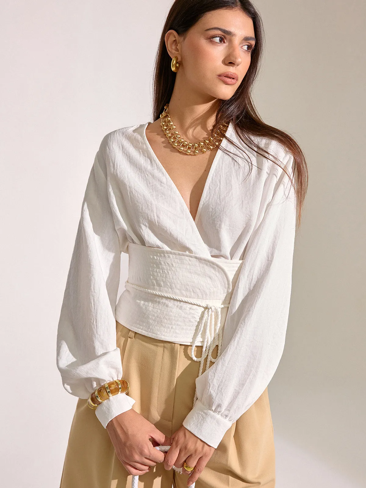 Cinched Waist Tassel Tie Wrap Blouse sold by COMMENSE product image thumbnail 3