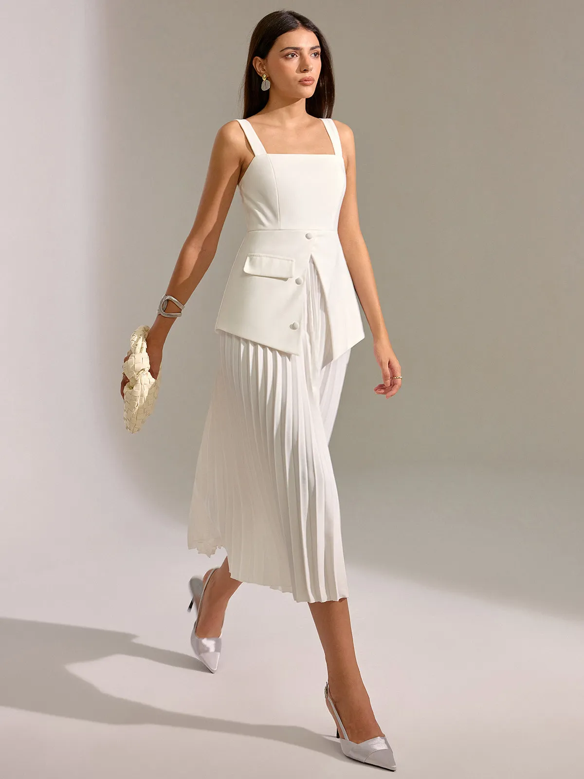 Square Neck Vest Panel Pleated Maxi Dress sold by COMMENSE