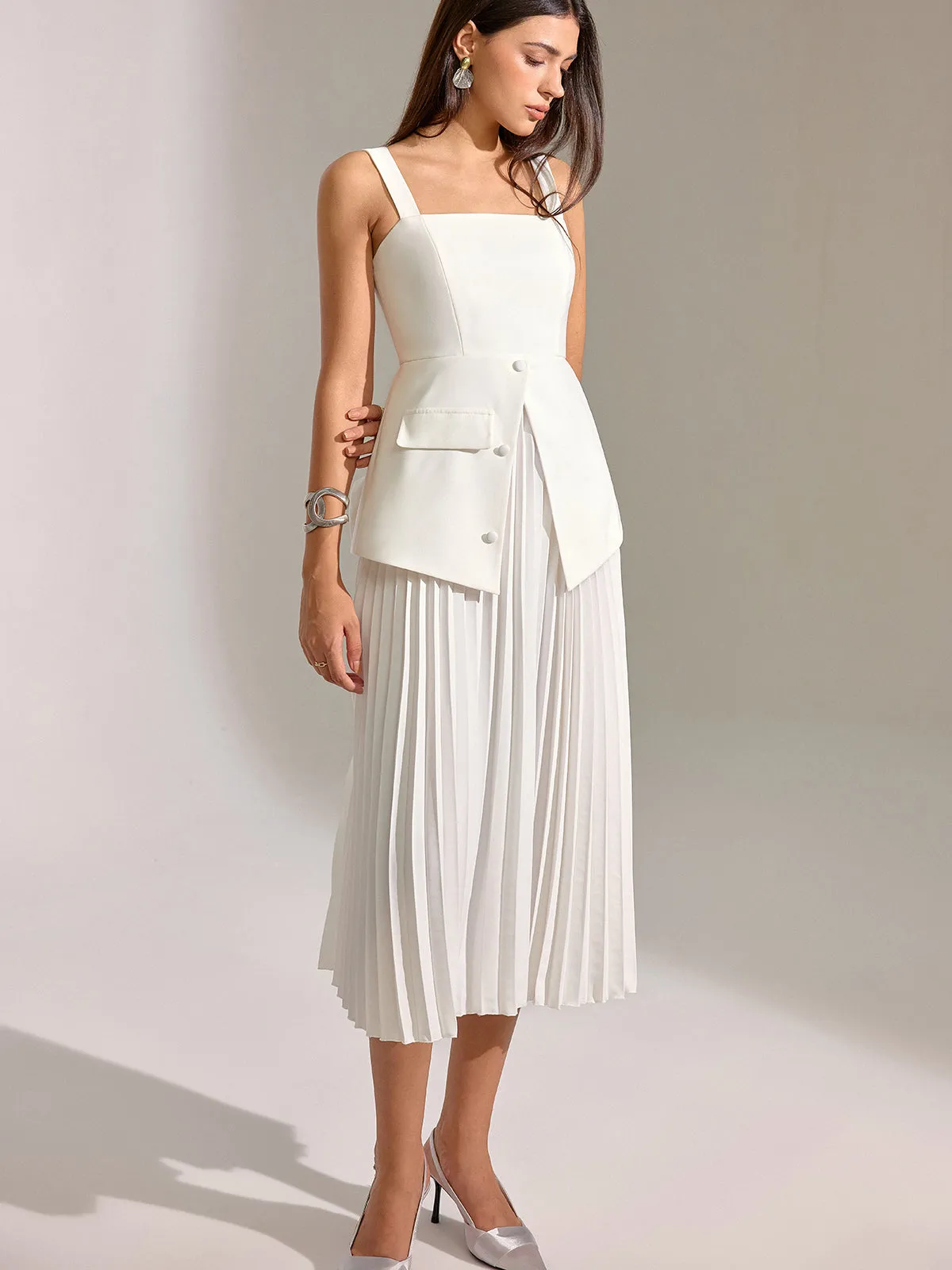 Square Neck Vest Panel Pleated Maxi Dress sold by COMMENSE product image thumbnail 4