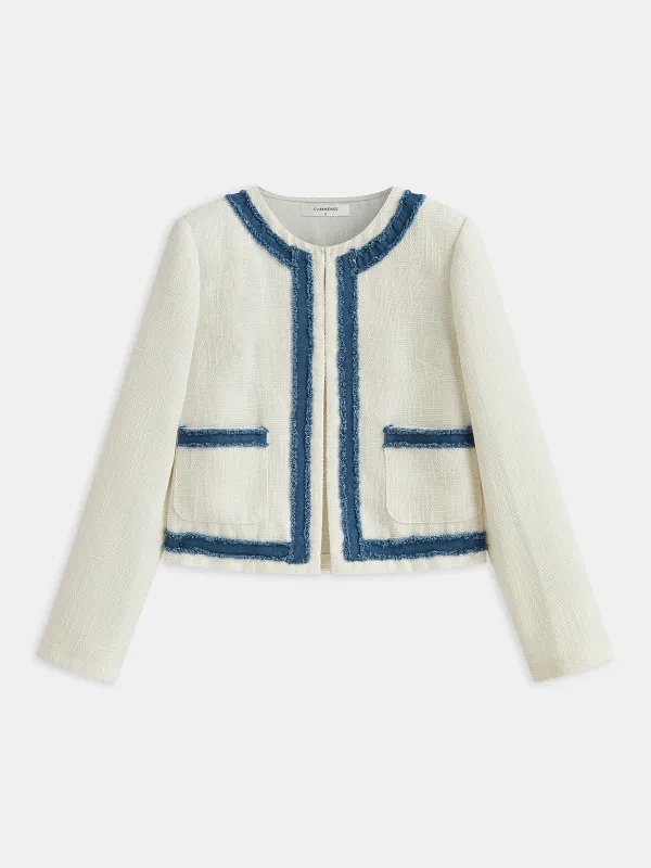 Tweed Contrast Trim Round Neck Blazer sold by COMMENSE