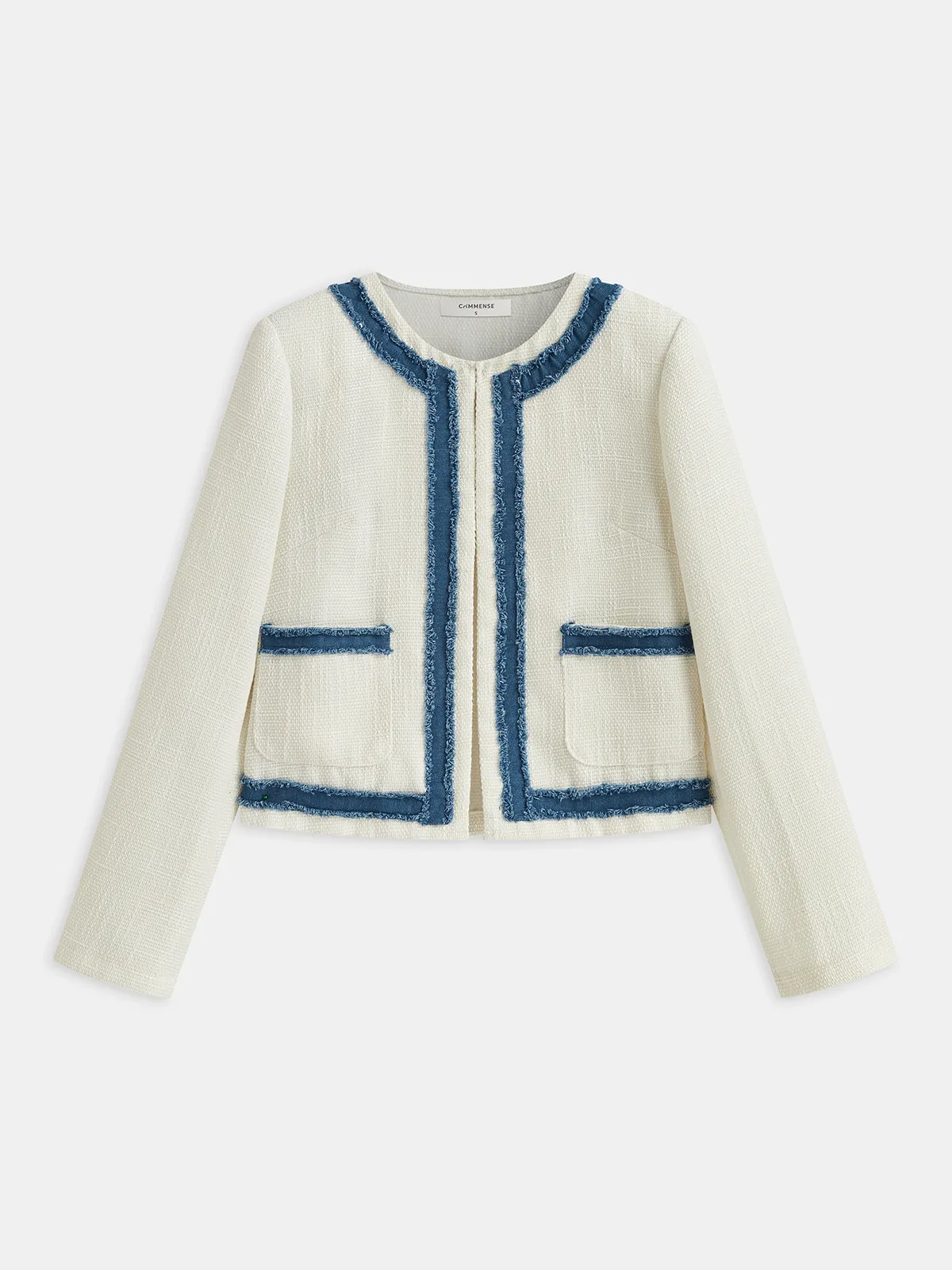 Tweed Contrast Trim Round Neck Blazer sold by COMMENSE