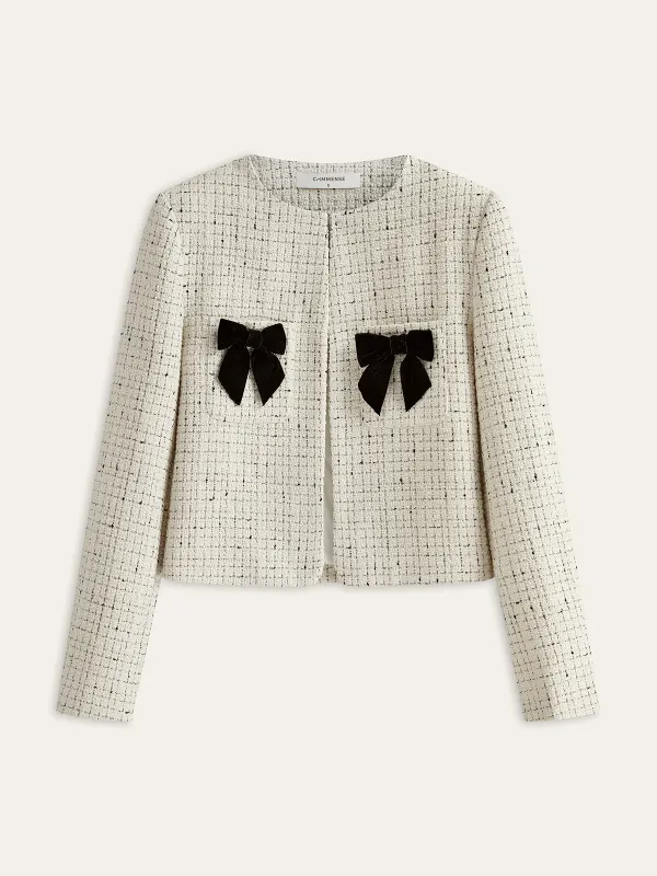Tweed Contrast Bow Round Neck Jacket sold by COMMENSE