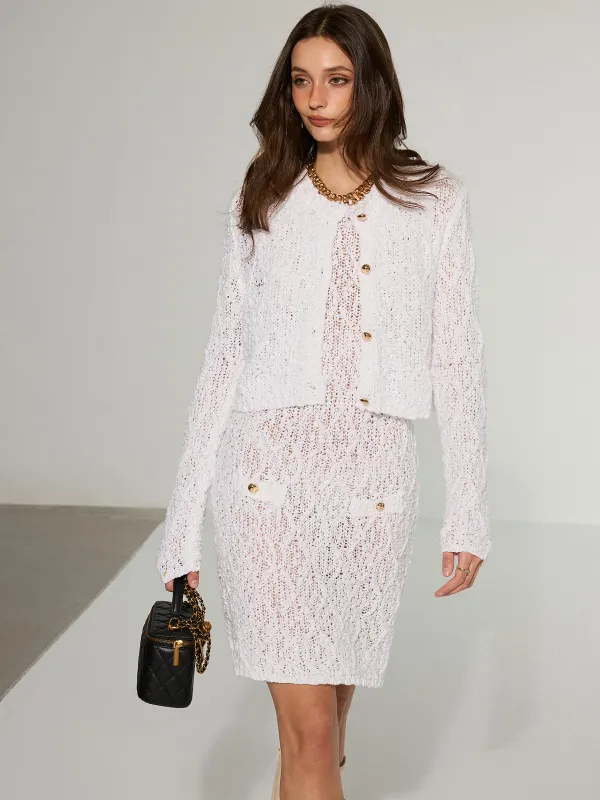 Textured Knit Cardigan and Dress Two-Piece Set sold by COMMENSE