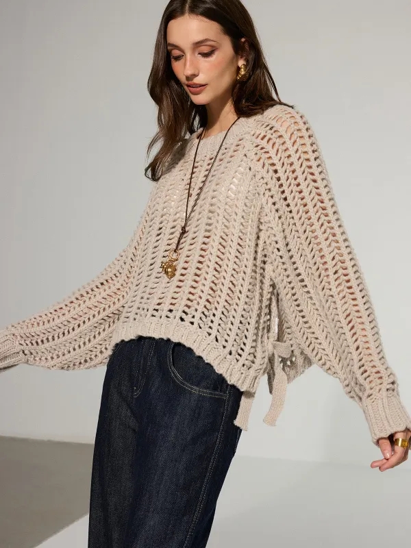 Side Tie Oversized Open-Knit Sweater sold by COMMENSE