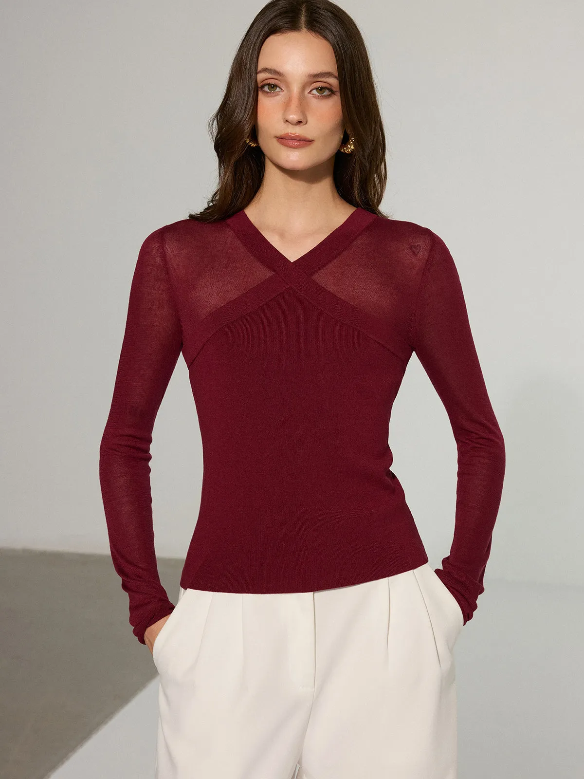 Semi-Sheer Criss-Cross Knit Top sold by COMMENSE product image thumbnail 4