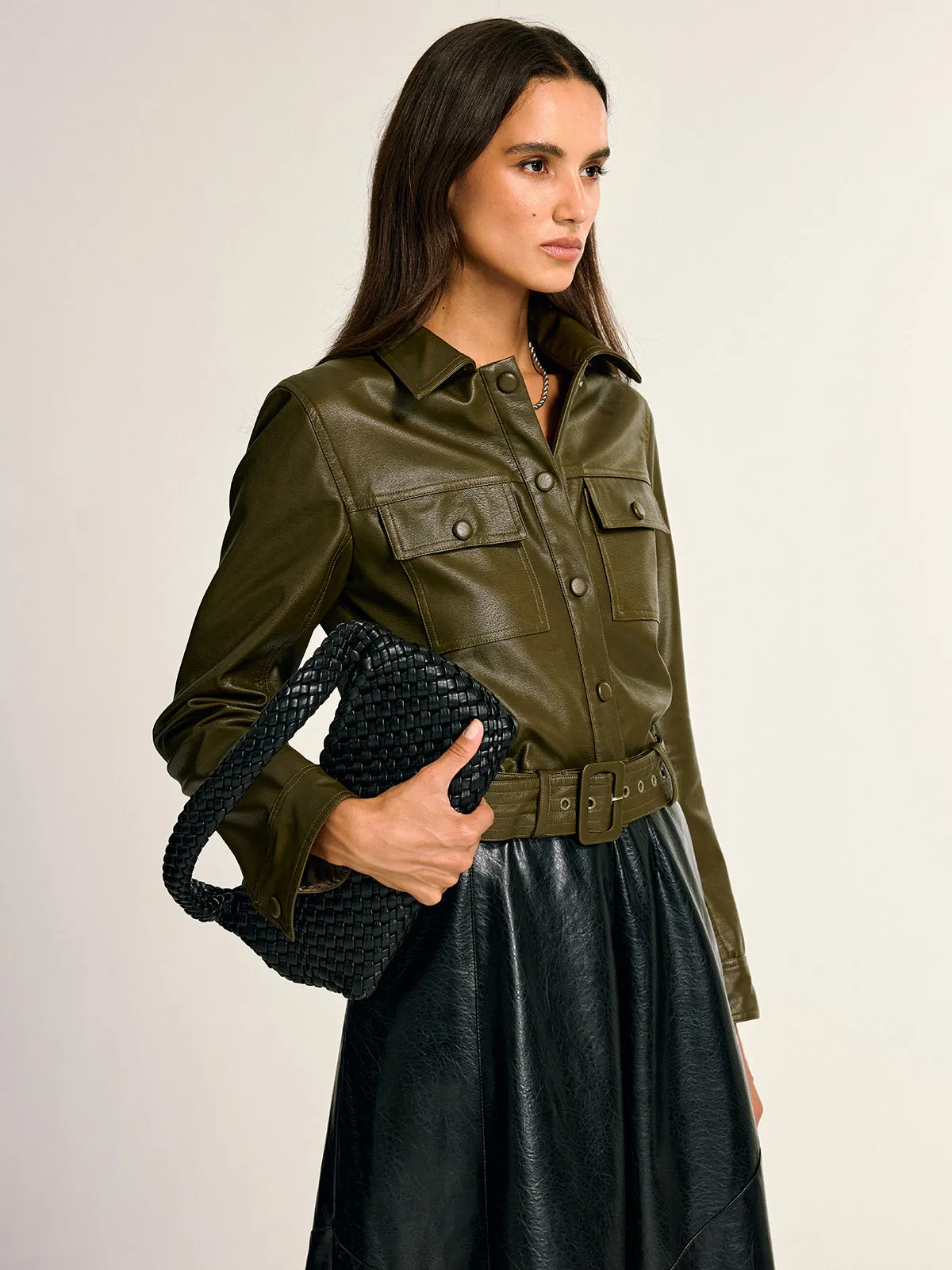 Belted PU Leather Cargo Shirt Jacket sold by COMMENSE product image thumbnail 3