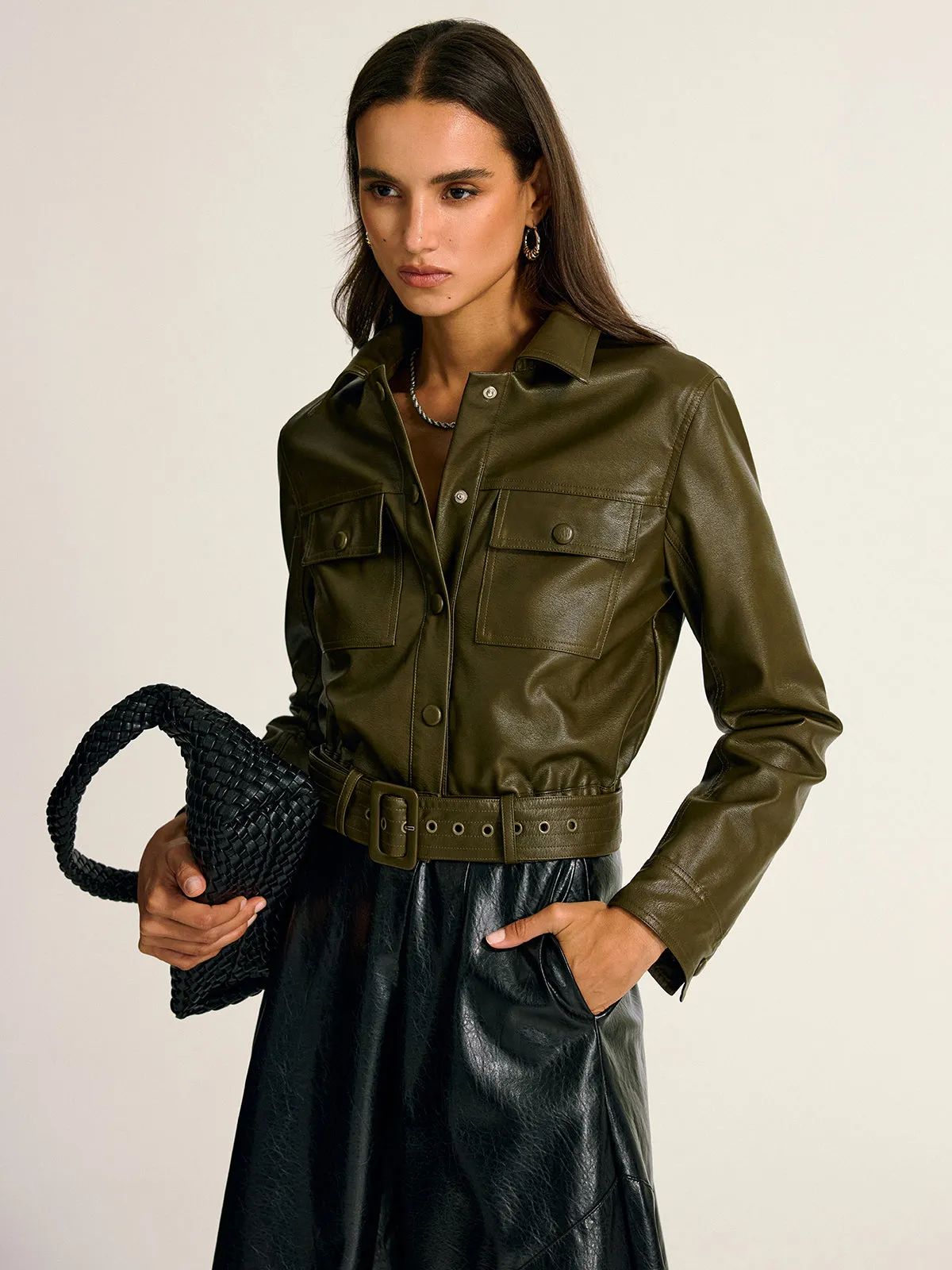 Belted PU Leather Cargo Shirt Jacket sold by COMMENSE product image thumbnail 5