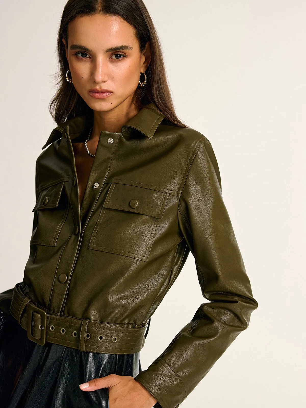 Belted PU Leather Cargo Shirt Jacket sold by COMMENSE product image thumbnail 2