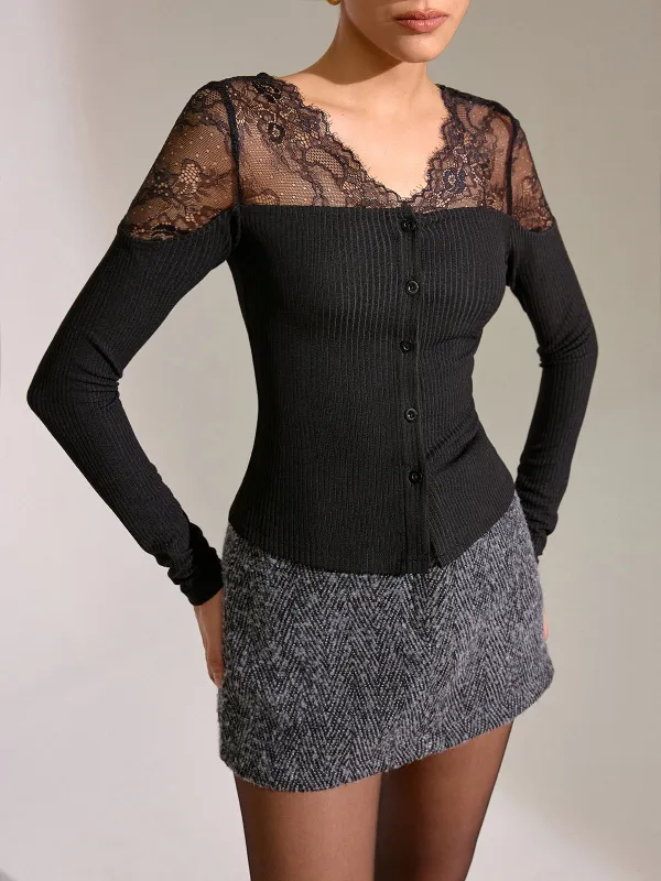 Lace Panel Ribbed Knit T-Shirt sold by COMMENSE