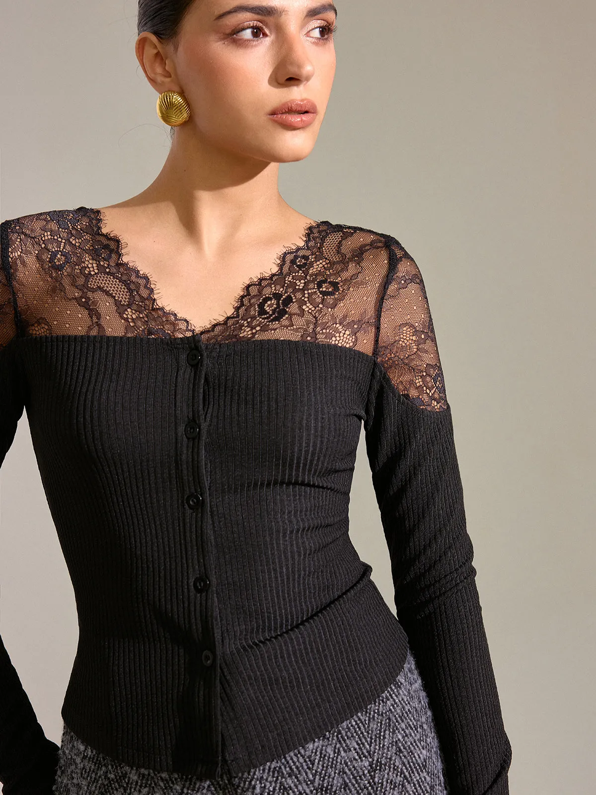 Lace Panel Ribbed Knit T-Shirt sold by COMMENSE product image thumbnail 5