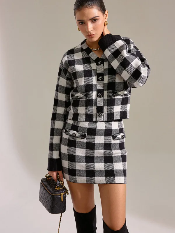 Checkered Wool Blend Button Cardigan sold by COMMENSE
