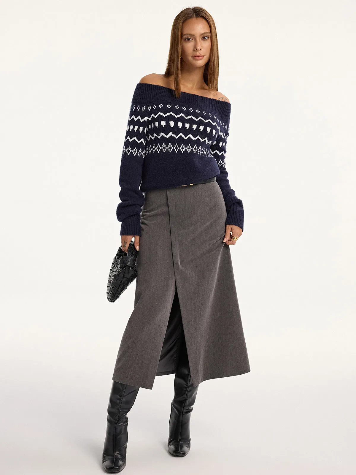 Off-Shoulder Fair Isle Knit Sweater sold by COMMENSE product image thumbnail 2