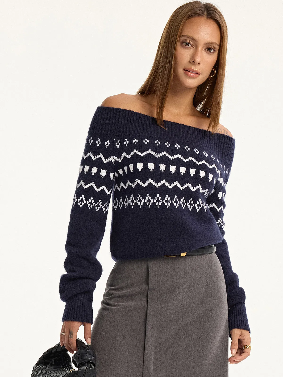 Off-Shoulder Fair Isle Knit Sweater sold by COMMENSE product image thumbnail 4