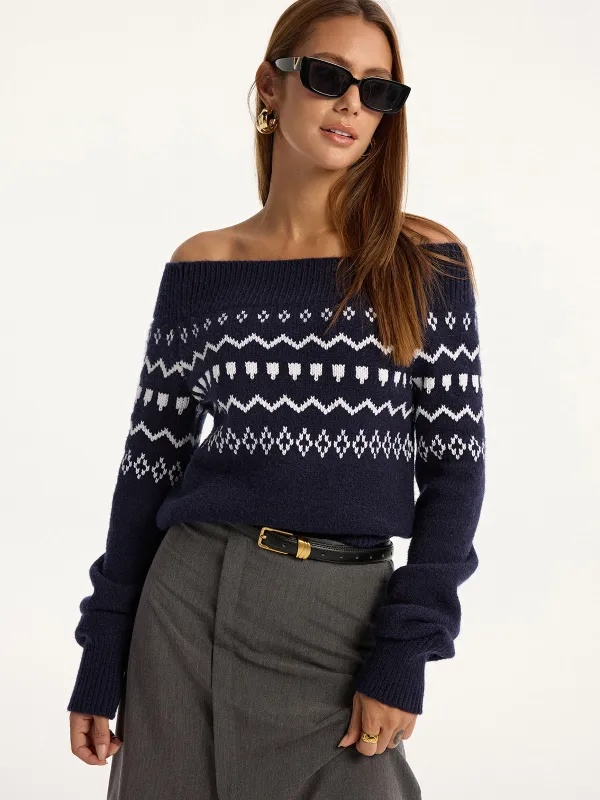 Off-Shoulder Fair Isle Knit Sweater sold by COMMENSE