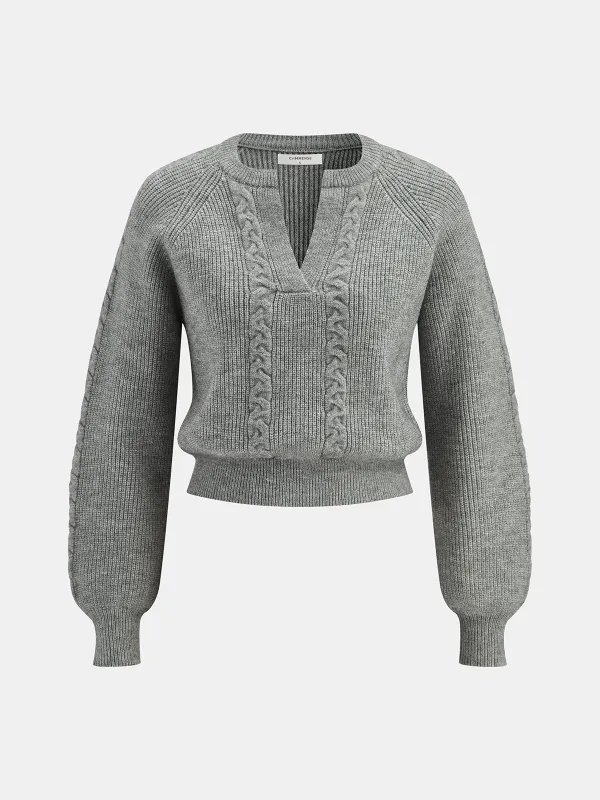 Cable Knit V-neck Puff Sleeve Sweater sold by COMMENSE