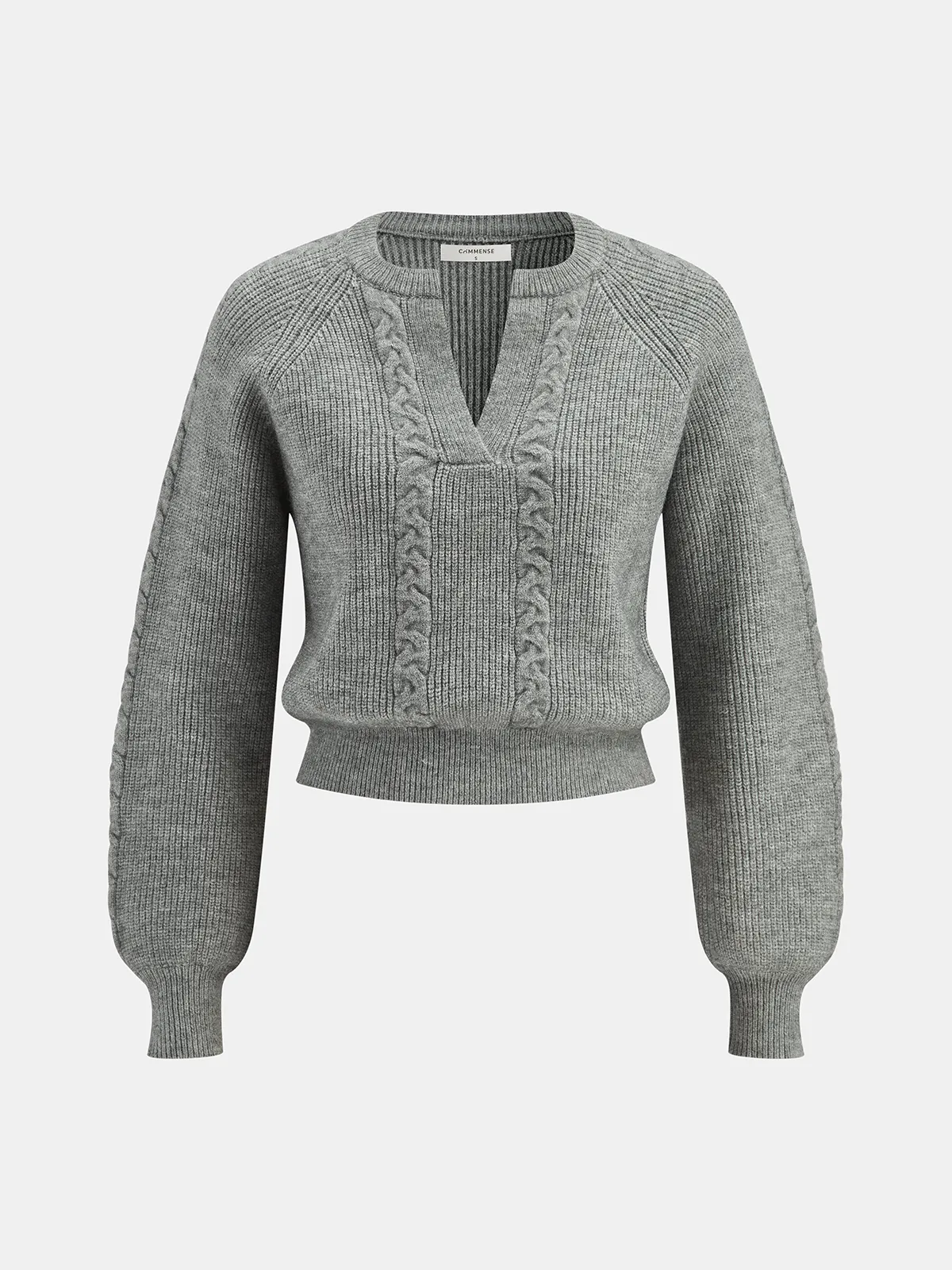 Cable Knit V-neck Puff Sleeve Sweater sold by COMMENSE