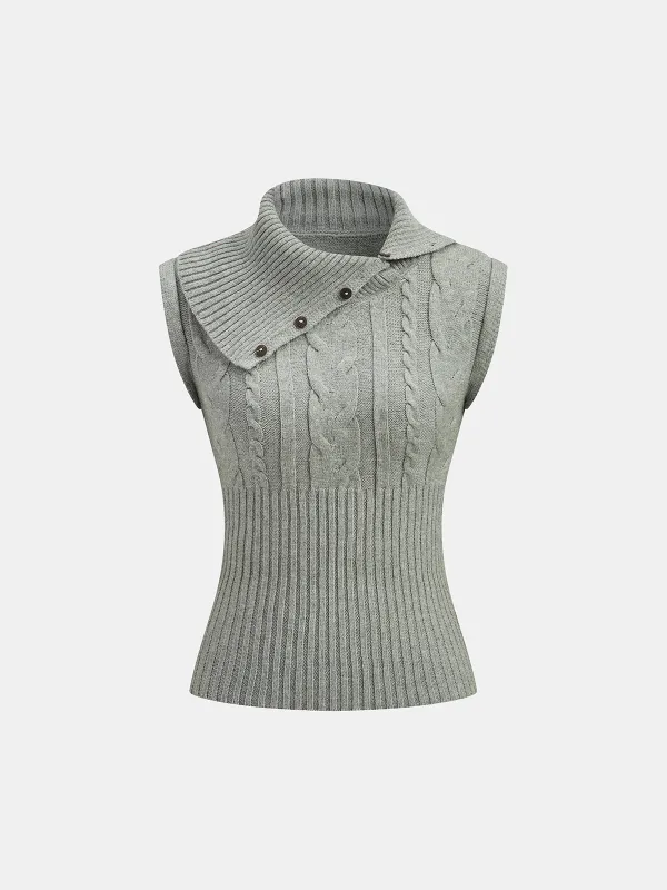 Large Lapel Cable Knit Sleeveless Sweater Vest sold by COMMENSE
