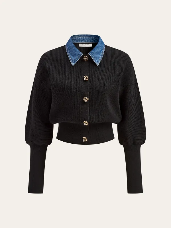 Wool Blend Denim Collar Puff Sleeve Cardigan sold by COMMENSE