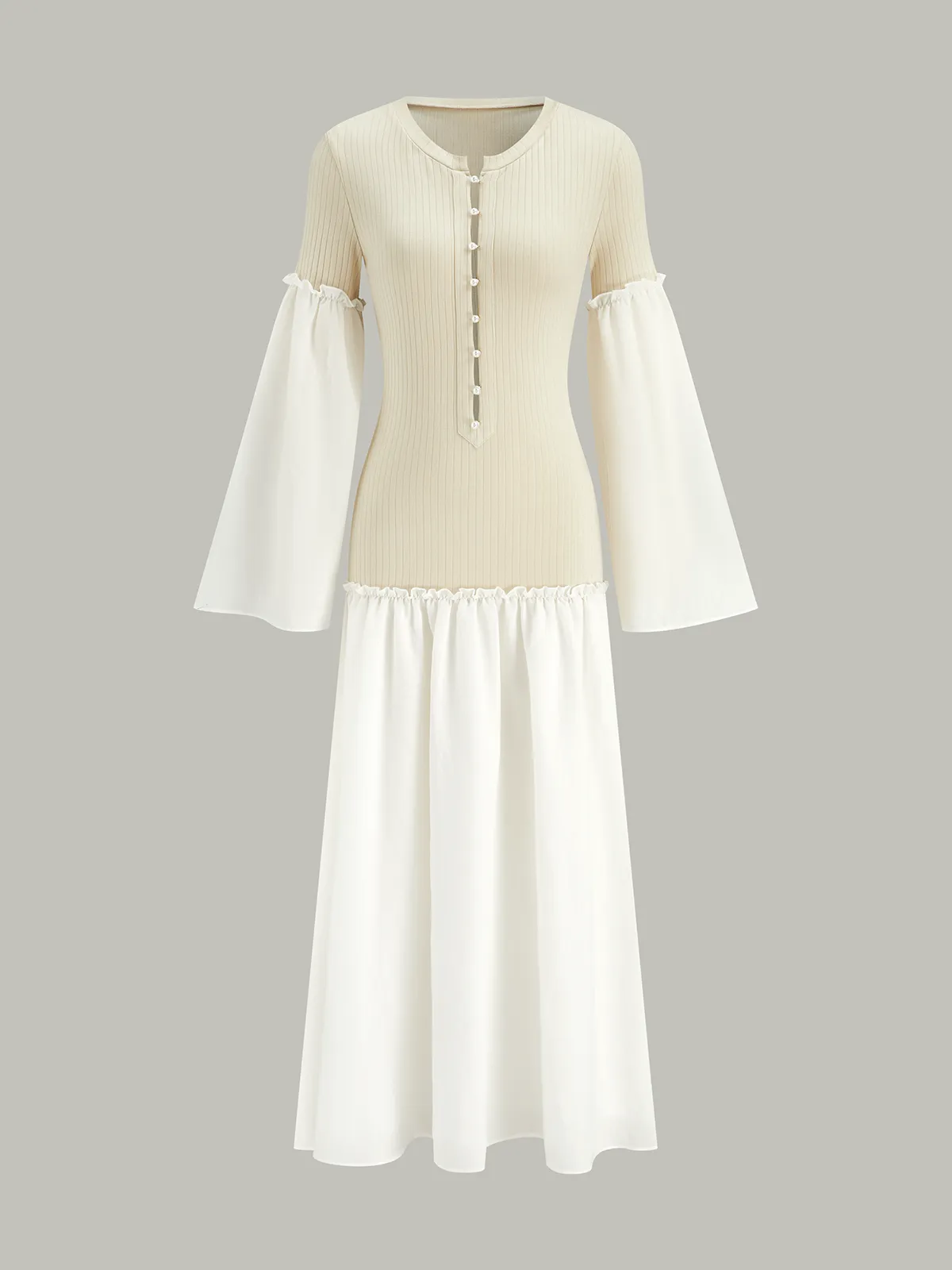 Bell Sleeve Contrast Panel Ribbed Maxi Dress sold by COMMENSE