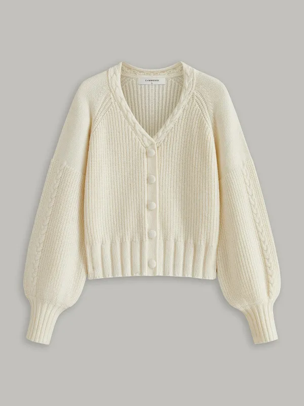 V-Neck Button Wool Blend Cable Knit Cardigan sold by COMMENSE