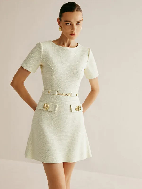 Metal Detail Tweed Belted Mini Dress sold by COMMENSE