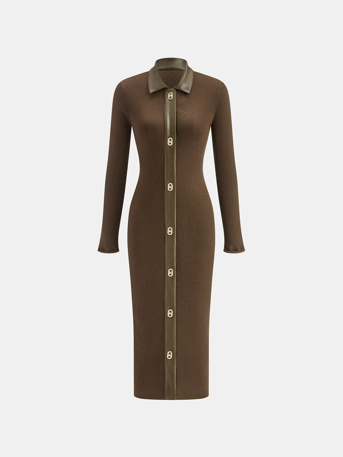 Shirt Collar Faux Leather Panel Ribbed Midi Dress sold by COMMENSE product image thumbnail 2