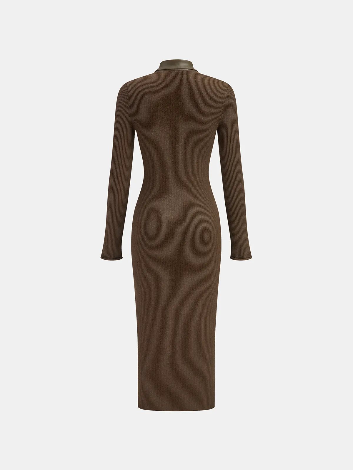 Shirt Collar Faux Leather Panel Ribbed Midi Dress sold by COMMENSE product image thumbnail 3