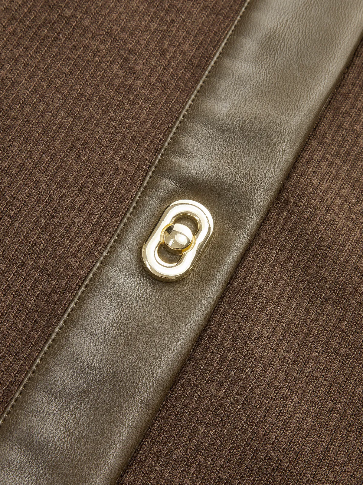 Shirt Collar Faux Leather Panel Ribbed Midi Dress sold by COMMENSE product image thumbnail 4