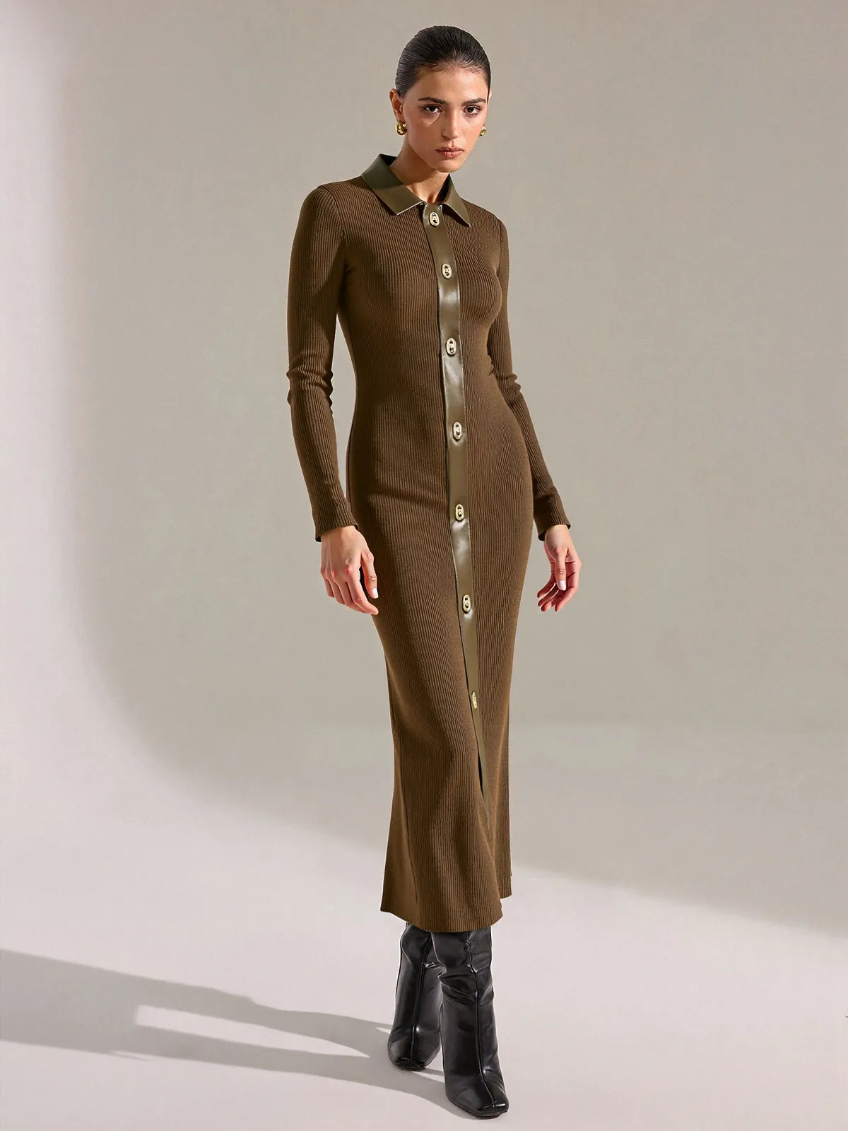 Shirt Collar Faux Leather Panel Ribbed Midi Dress sold by COMMENSE