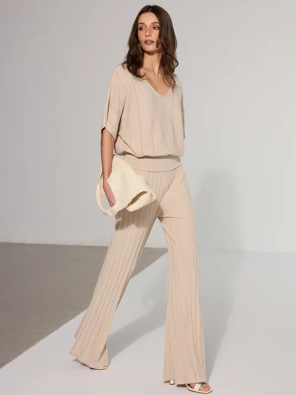 Textured Wool Blend Mid-Waist Flared Pants sold by COMMENSE