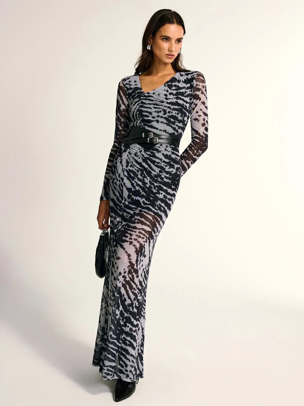 Long Sleeve Ruched Abstract Print Dress sold by COMMENSE product image thumbnail 4