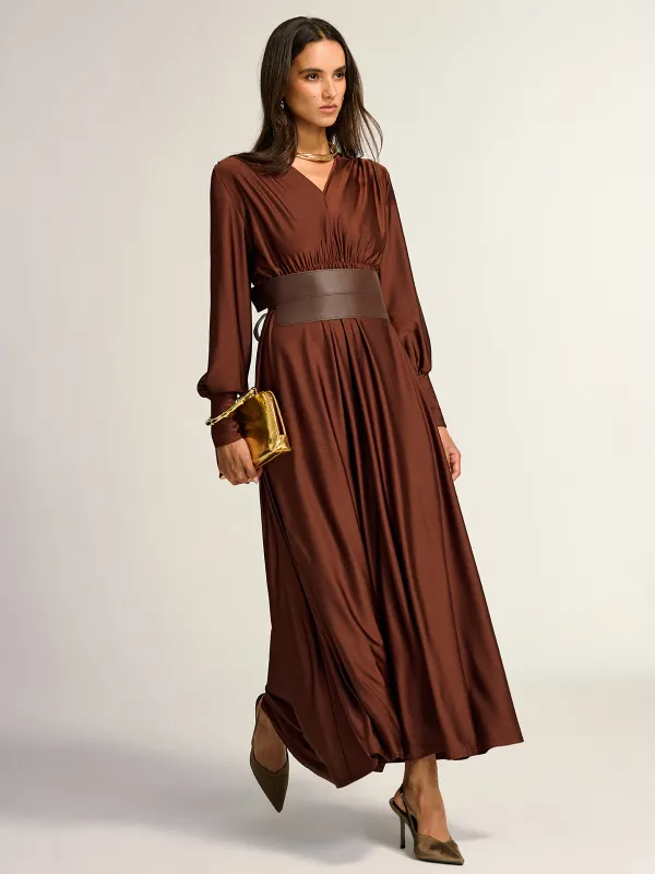Wide Belted Long Sleeve V-Neck Maxi Dress sold by COMMENSE