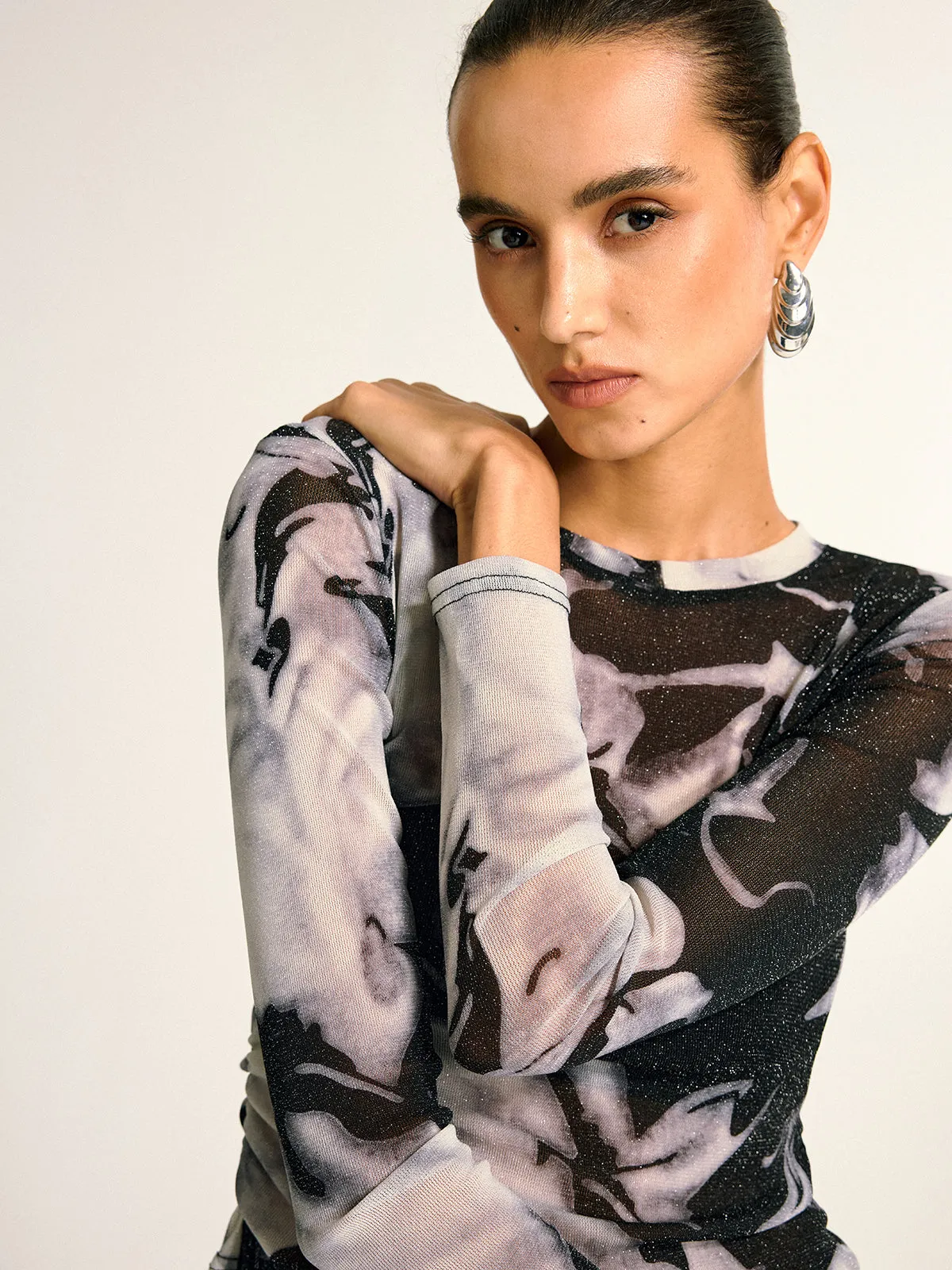 Semi-Sheer Long Sleeve Mesh Marble Print Blouse sold by COMMENSE product image thumbnail 4