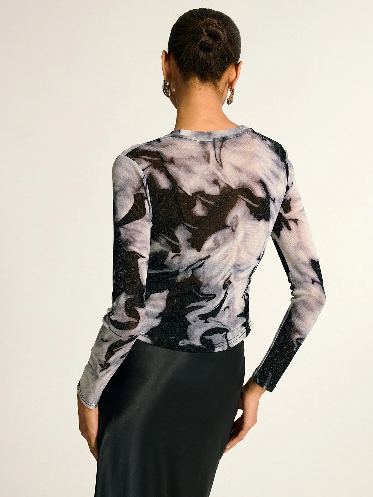 Semi-Sheer Long Sleeve Mesh Marble Print Blouse sold by COMMENSE product image thumbnail 5