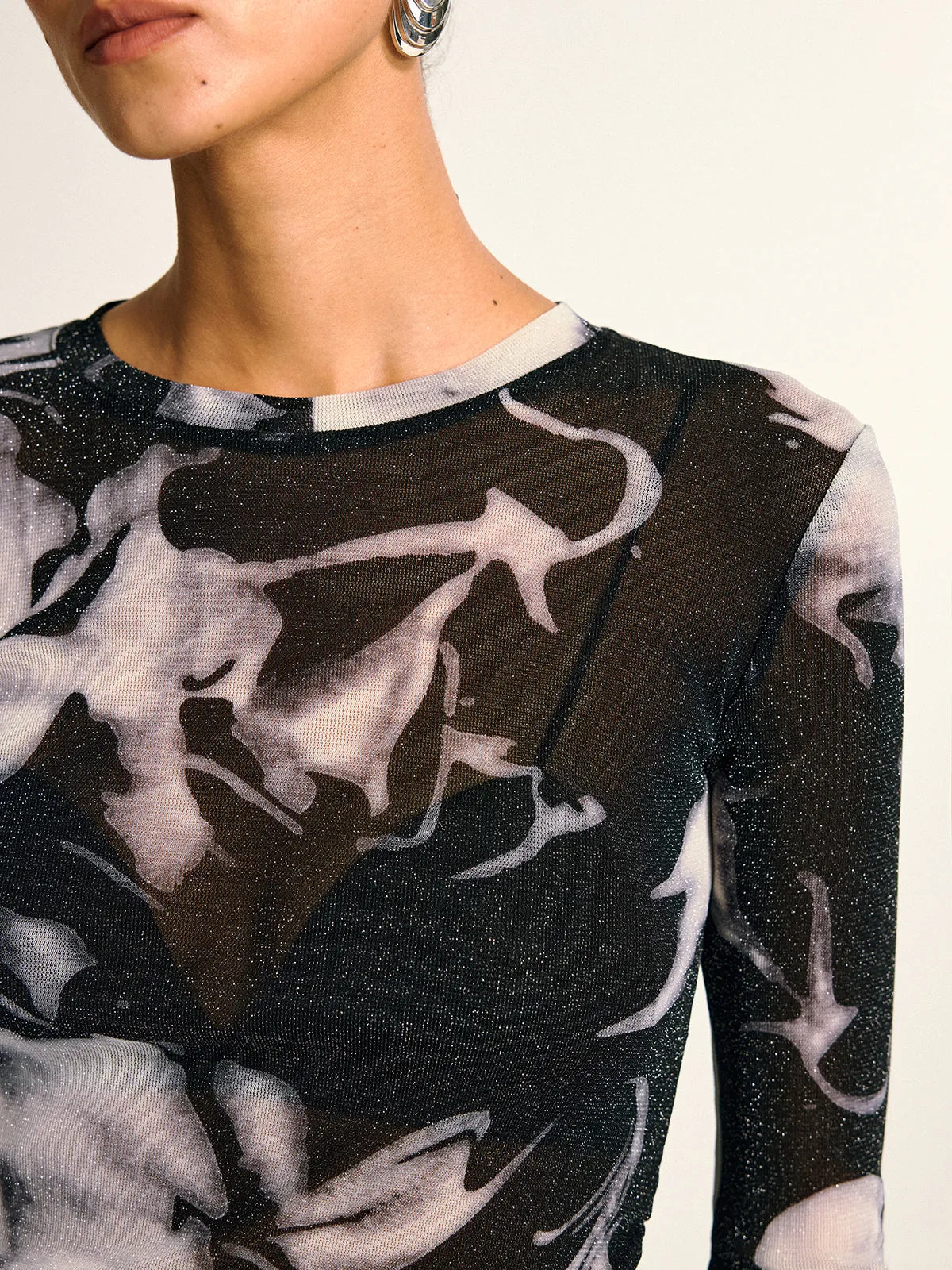 Semi-Sheer Long Sleeve Mesh Marble Print Blouse sold by COMMENSE product image thumbnail 2
