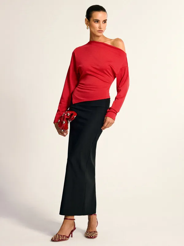 Asymmetric Off-Shoulder Split Long Sleeve Blouse sold by COMMENSE