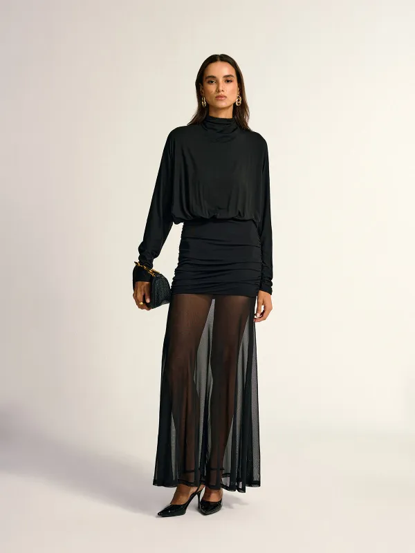 Turtleneck Long Sleeve Drape Ruched Mesh Dress sold by COMMENSE