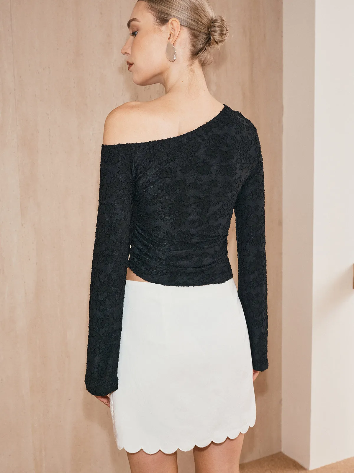 One-Shoulder Textured Jacquard Semi-Sheer Top sold by COMMENSE product image thumbnail 4