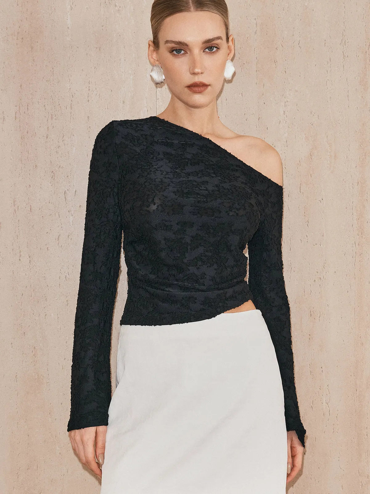 One-Shoulder Textured Jacquard Semi-Sheer Top sold by COMMENSE