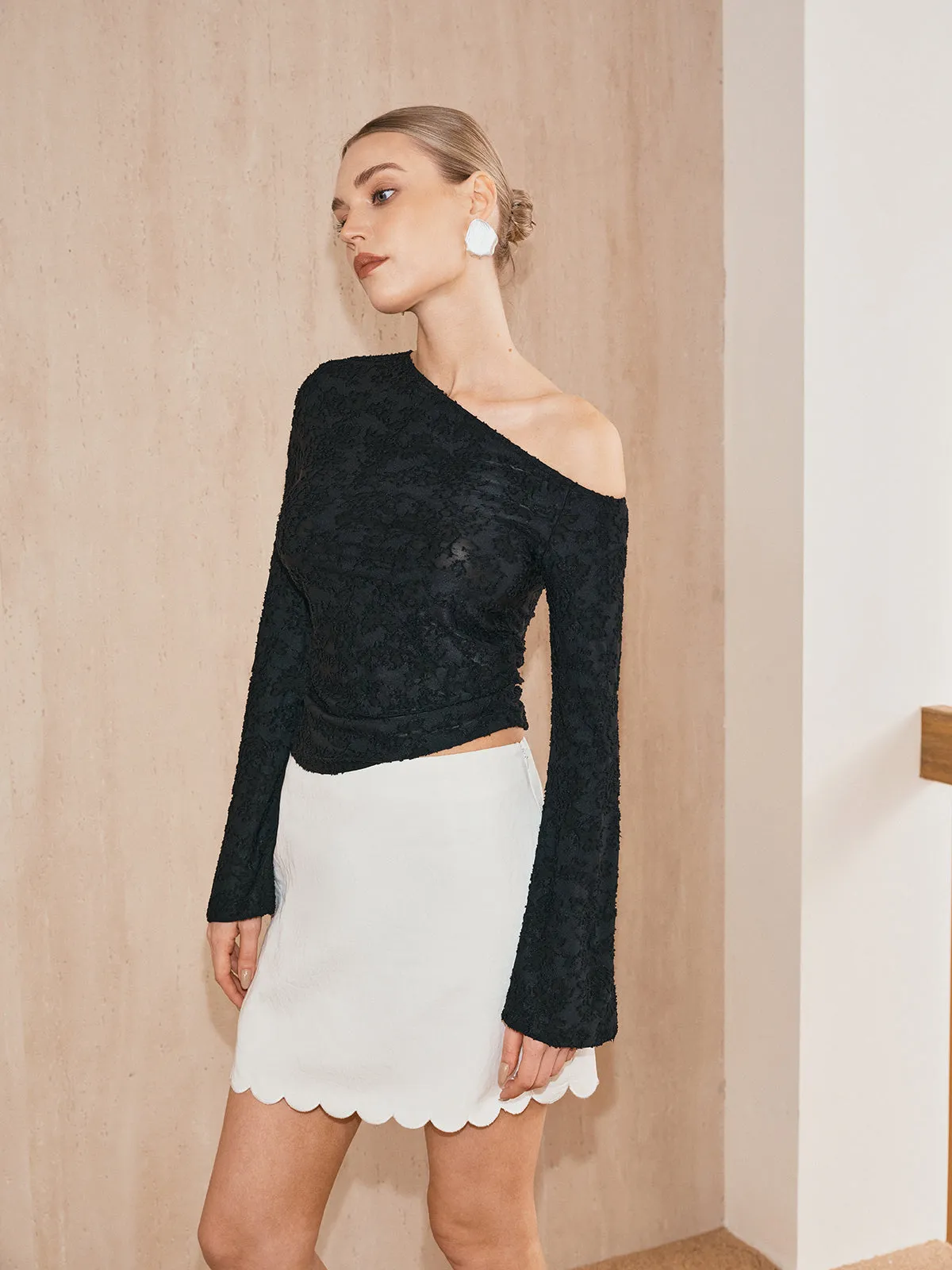 One-Shoulder Textured Jacquard Semi-Sheer Top sold by COMMENSE product image thumbnail 2