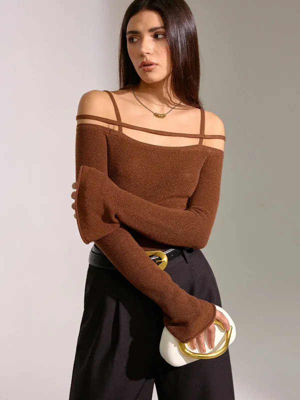 Flared Cuff Wool Blend Off-Shoulder Knit Top sold by COMMENSE