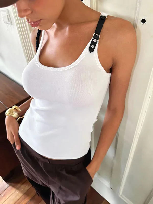 Ribbed Stretchy Faux Leather Buckle Vintage Tank Top sold by COMMENSE