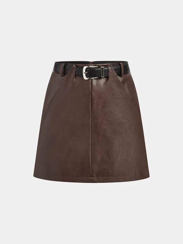 PU Leather Belted Mini Skirt sold by COMMENSE